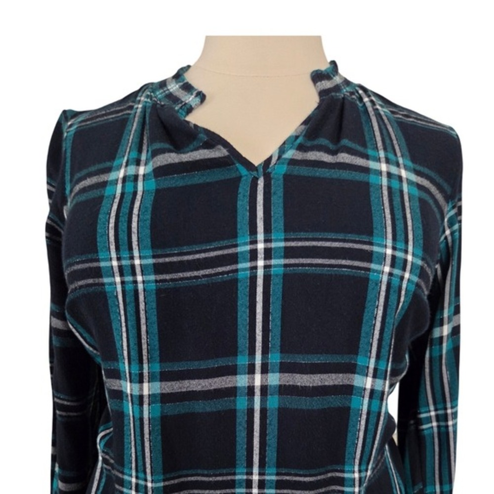 Lane Bryant Teal Navy Plaid Metallic Split Neck Blouse Top Womens 16 - Picture 2 of 8